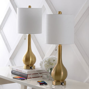 Tyler 24" Modern Classic Gourd Iron LED Table Lamp with Pull-Chain with Dual USB Charging Port - JONATHAN Y